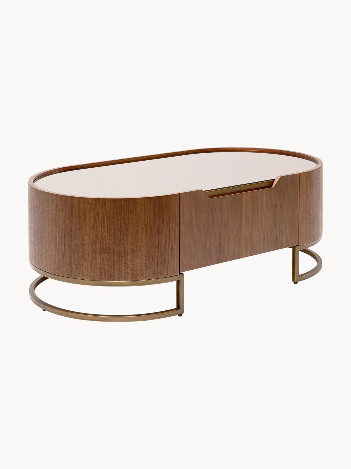Cranmore Oval Walnut Wood Coffee Table with Glass Top & Drawer