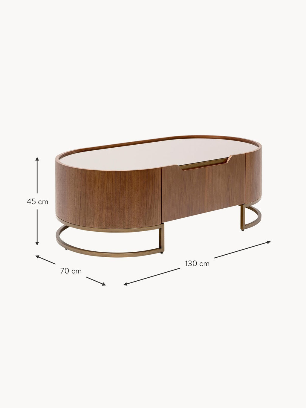 Cranmore Oval Walnut Wood Coffee Table with Glass Top & Drawer