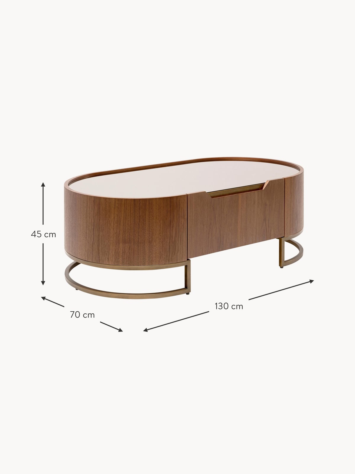Cranmore Oval Walnut Wood Coffee Table with Glass Top & Drawer