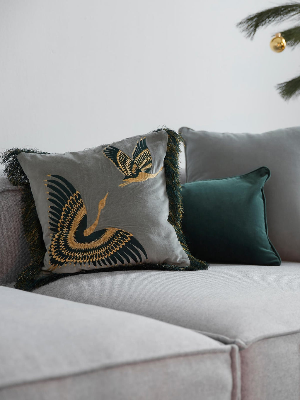 Drayton Embroidered Velvet Cushion Cover with Fringes