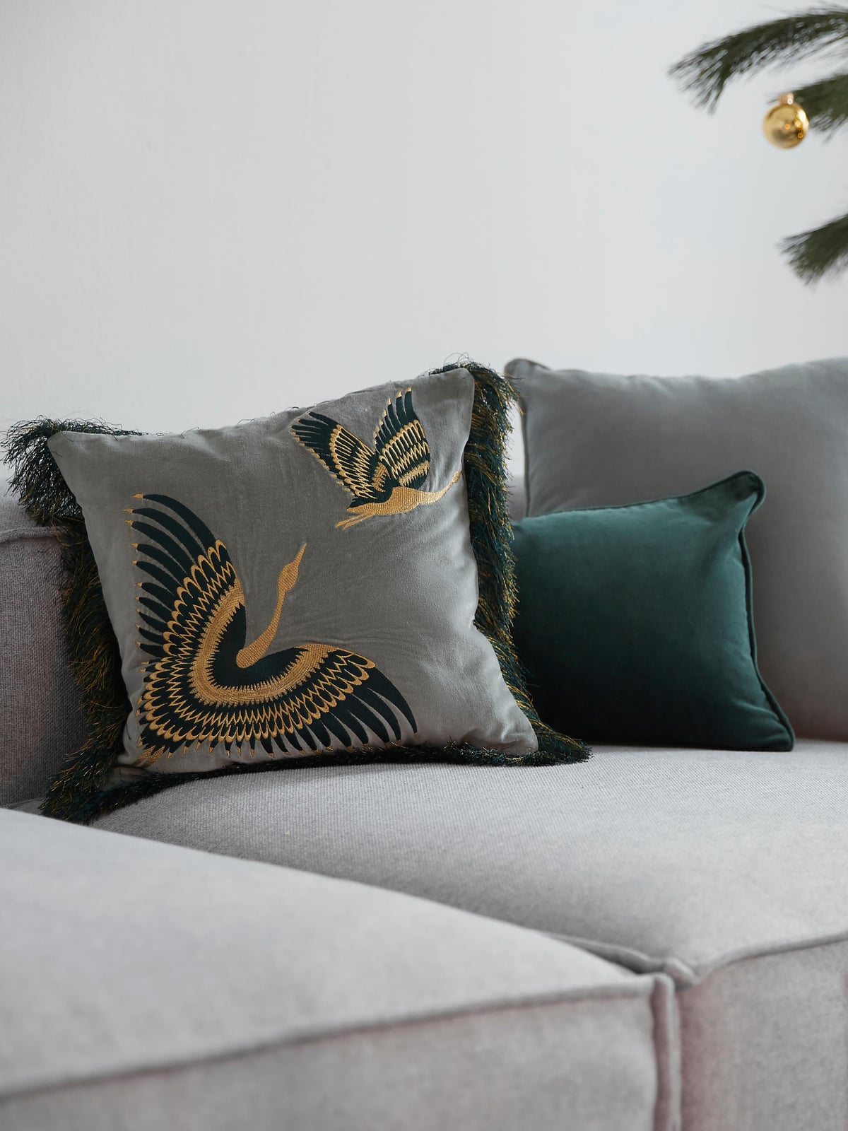 Drayton Embroidered Velvet Cushion Cover with Fringes
