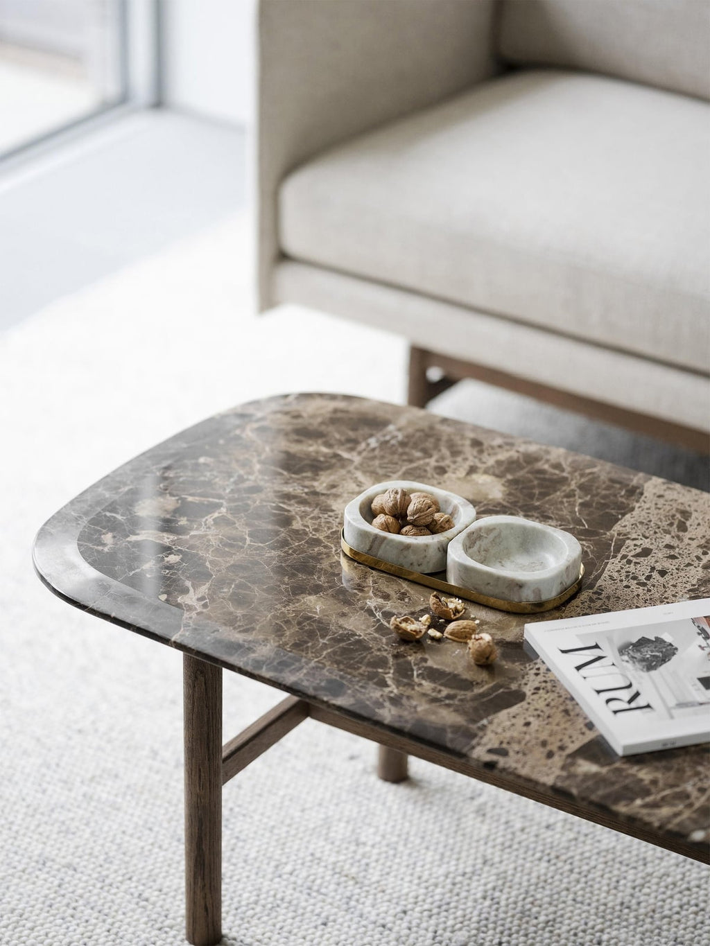Dunmore Oval Marble and Oak Wood Coffee Table