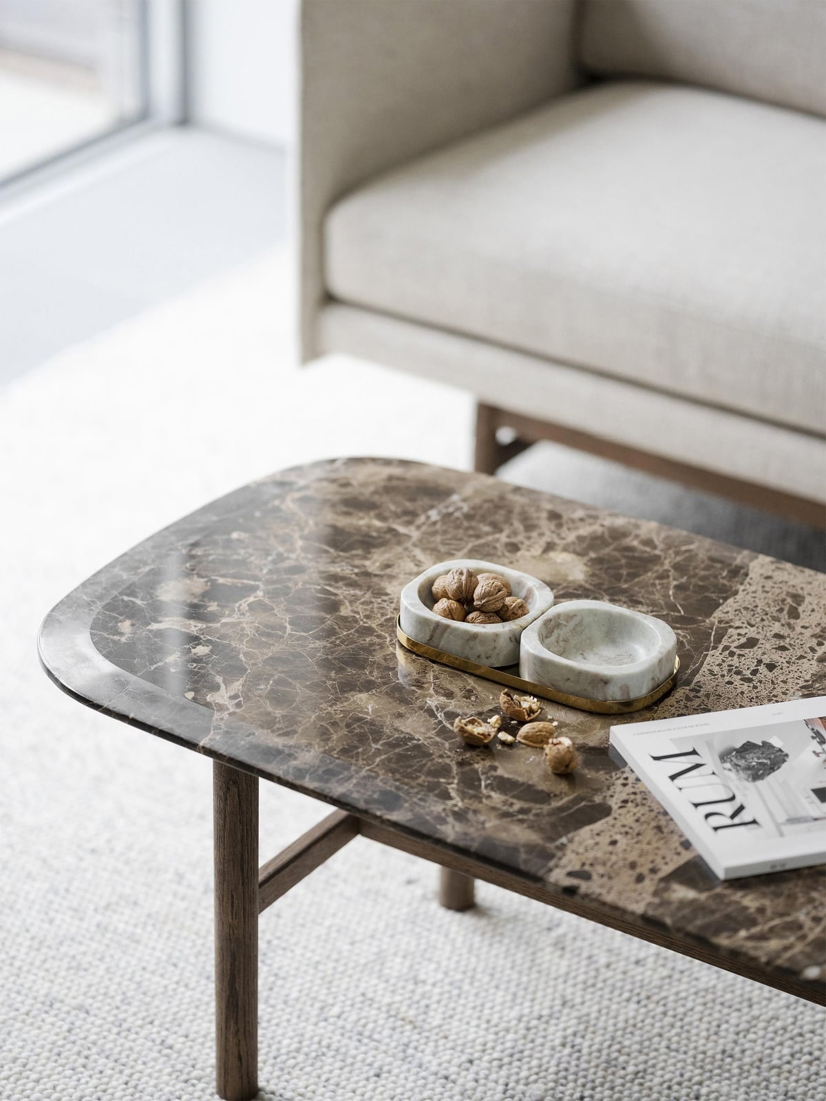Dunmore Oval Marble and Oak Wood Coffee Table