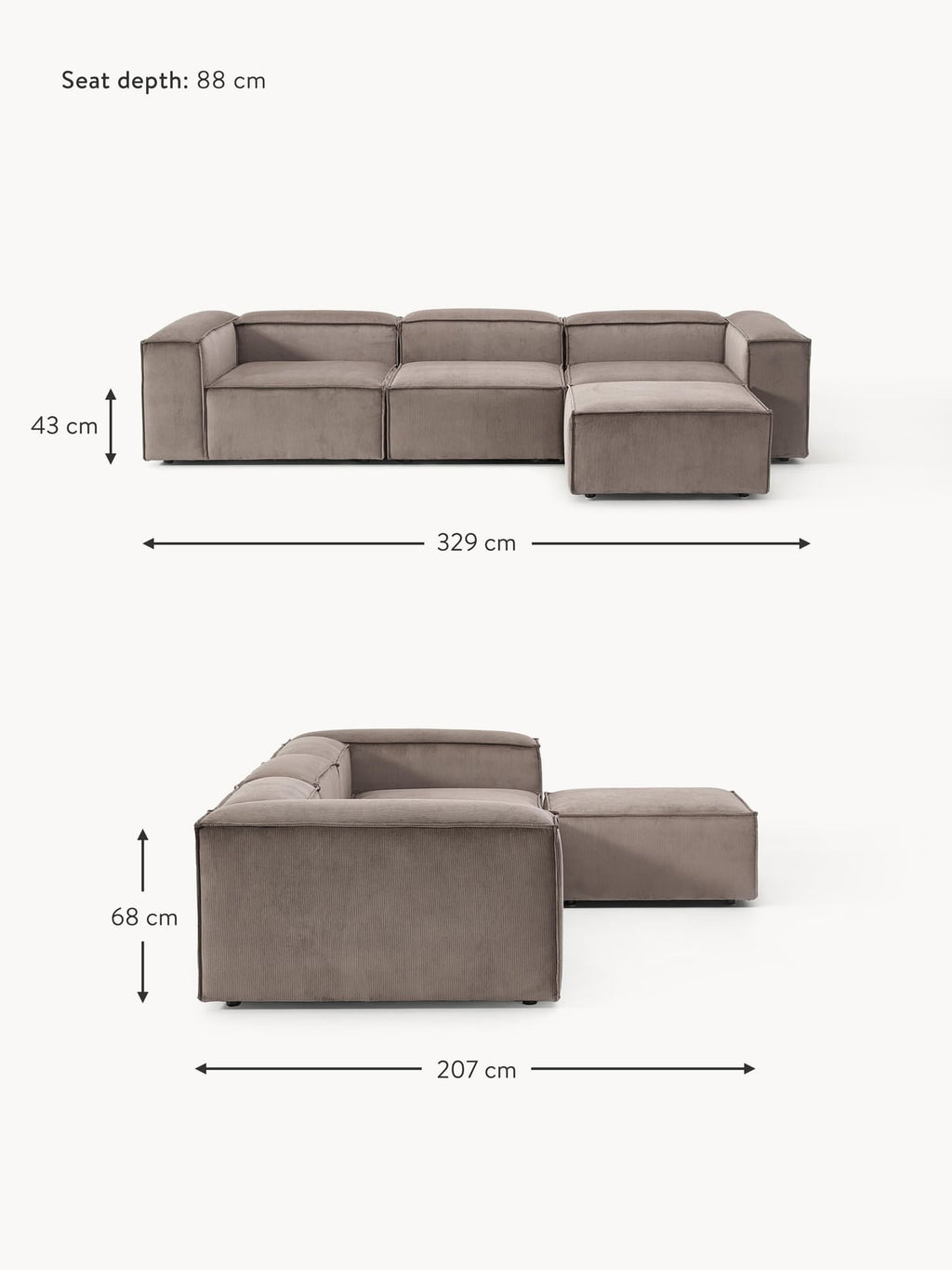 Edenhall Corduroy Modular Sofa (4-seater) with Ottoman (left/right)