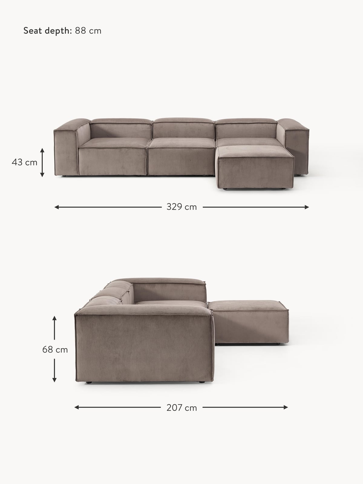 Edenhall Corduroy Modular Sofa (4-seater) with Ottoman (left/right)