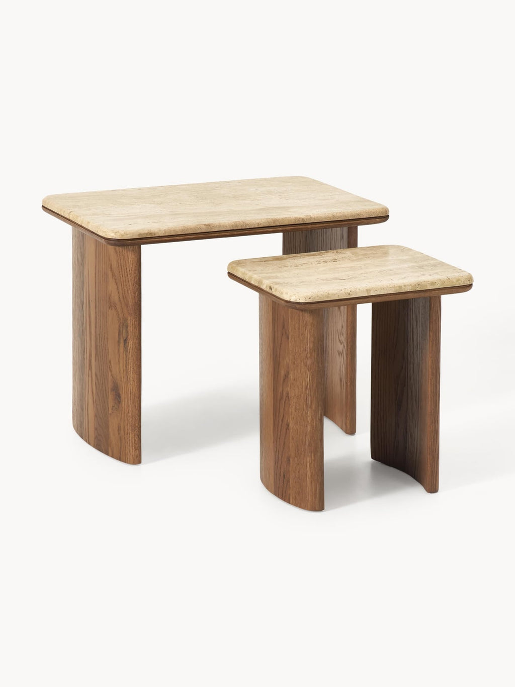 Hensall Oak Wood Side Tables with Travertine Top, Set of 2