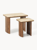 Hensall Oak Wood Side Tables with Travertine Top, Set of 2