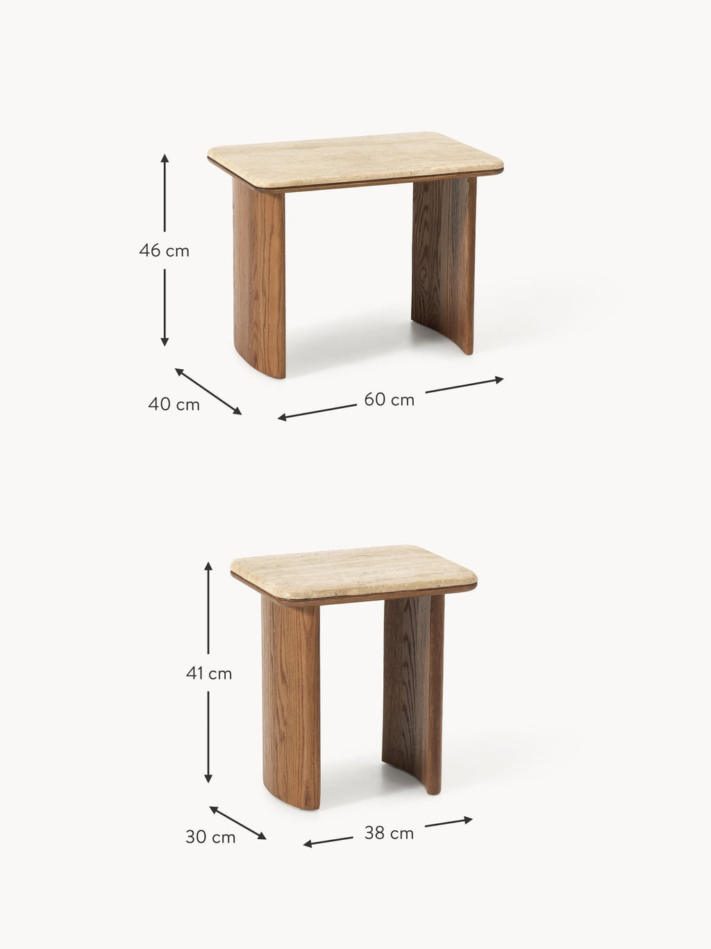 Hensall Oak Wood Side Tables with Travertine Top, Set of 2