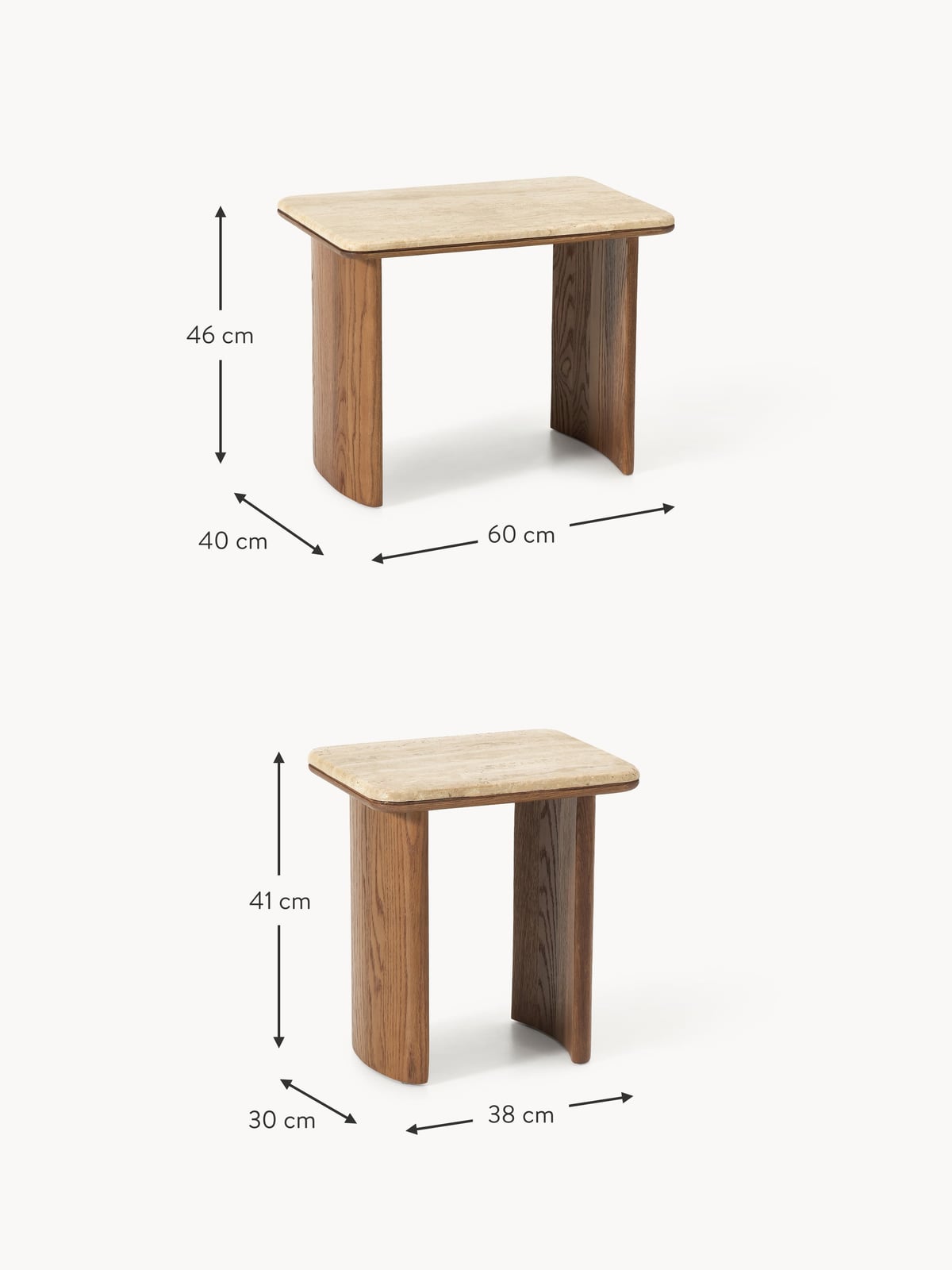 Hensall Oak Wood Side Tables with Travertine Top, Set of 2