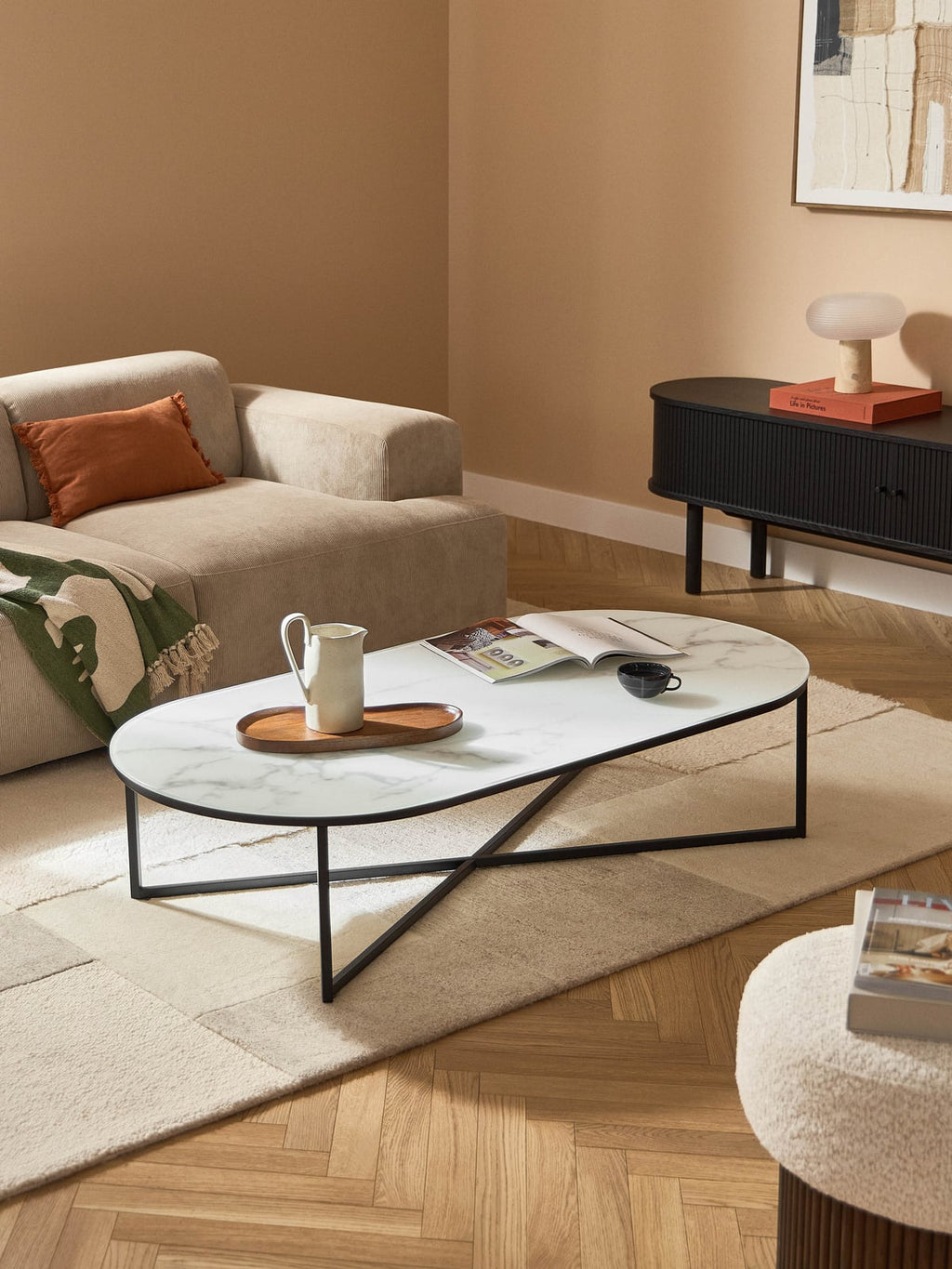 Netherby Oval Coffee Table with Marble Effect Glass Top