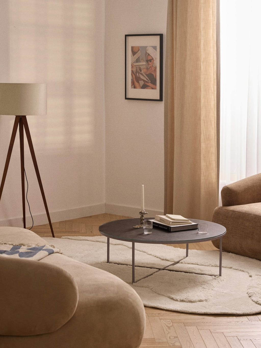 Netherby Round XL Coffee Table with Marble Effect Glass Top