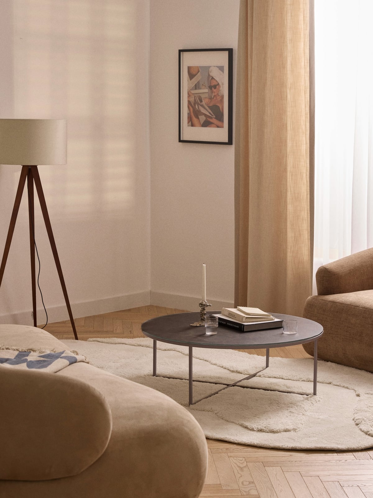 Netherby Round XL Coffee Table with Marble Effect Glass Top