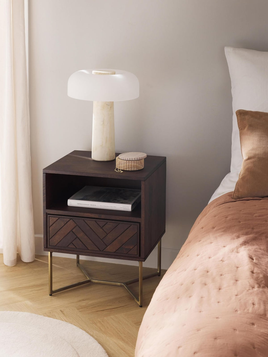 Nunthorpe Mango Wood Bedside Table with Herringbone Pattern
