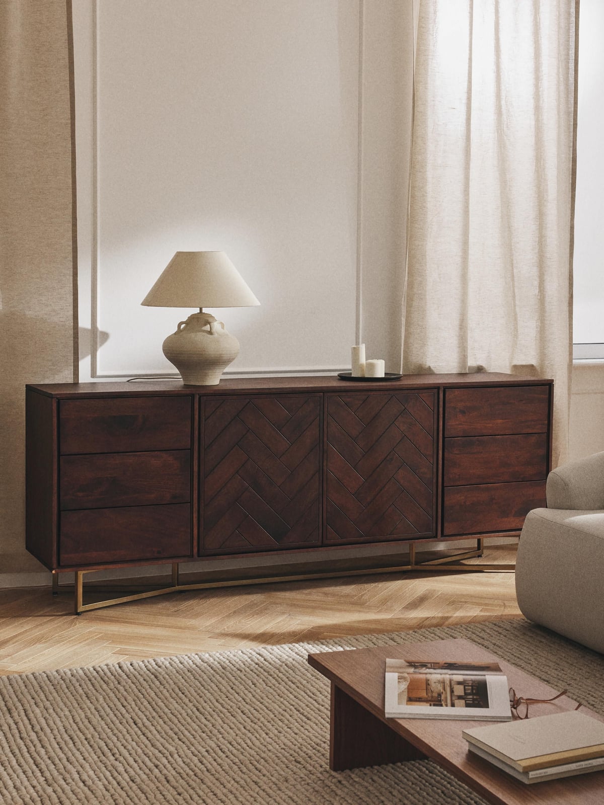 Nunthorpe XL Mango Wood Sideboard with Herringbone Pattern