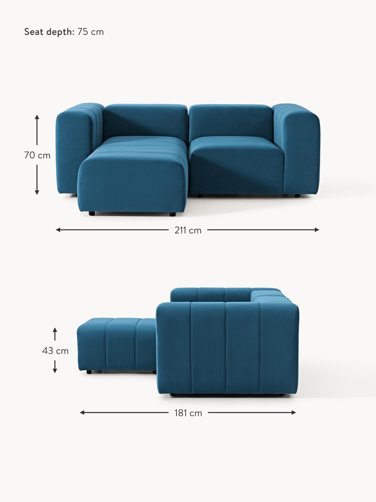 Pateley Modular Velvet Sofa (2-seater) with Ottoman (left/right)