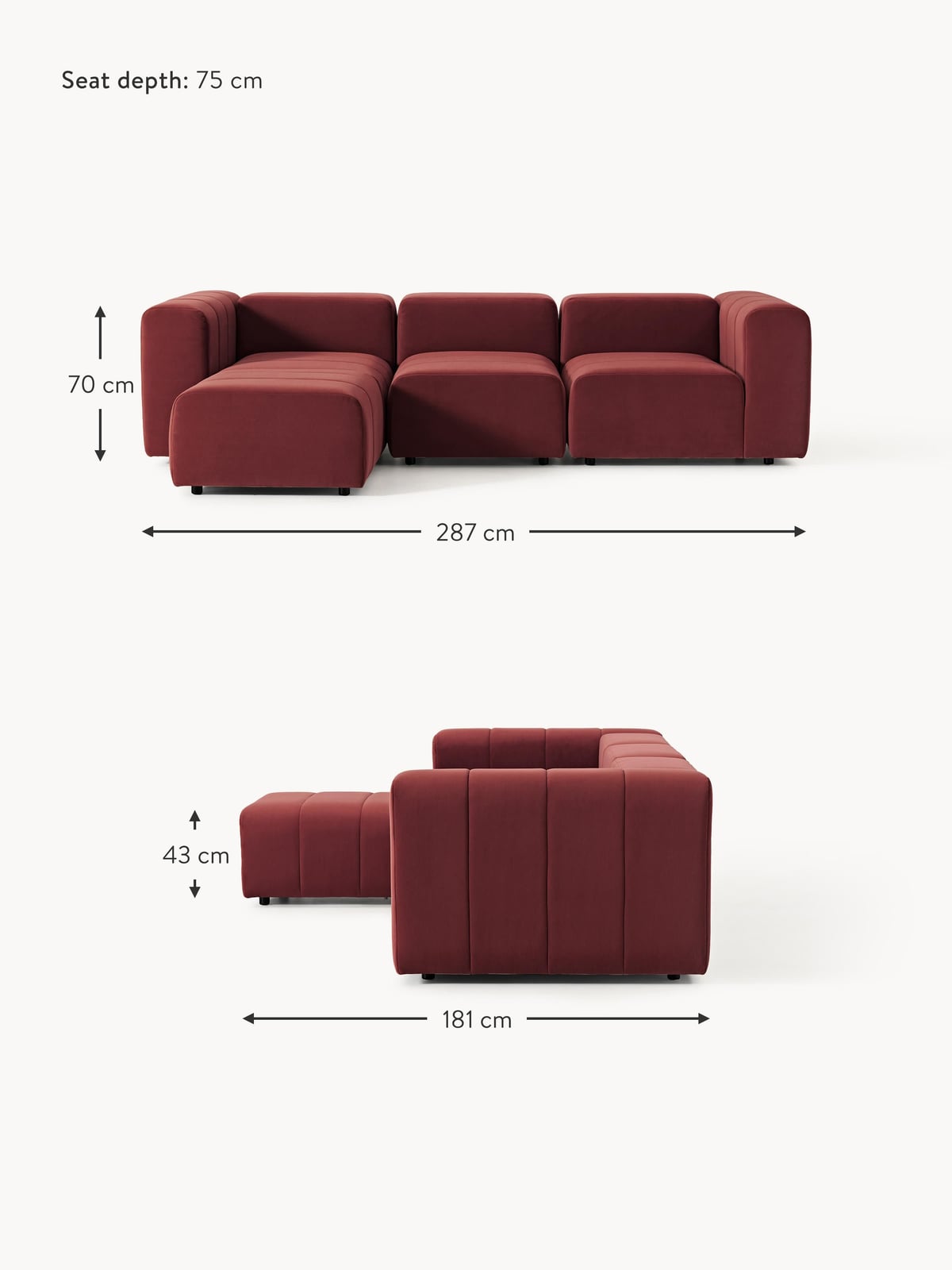 Pateley Modular Velvet Sofa (4-seater) with Ottoman (left/right)