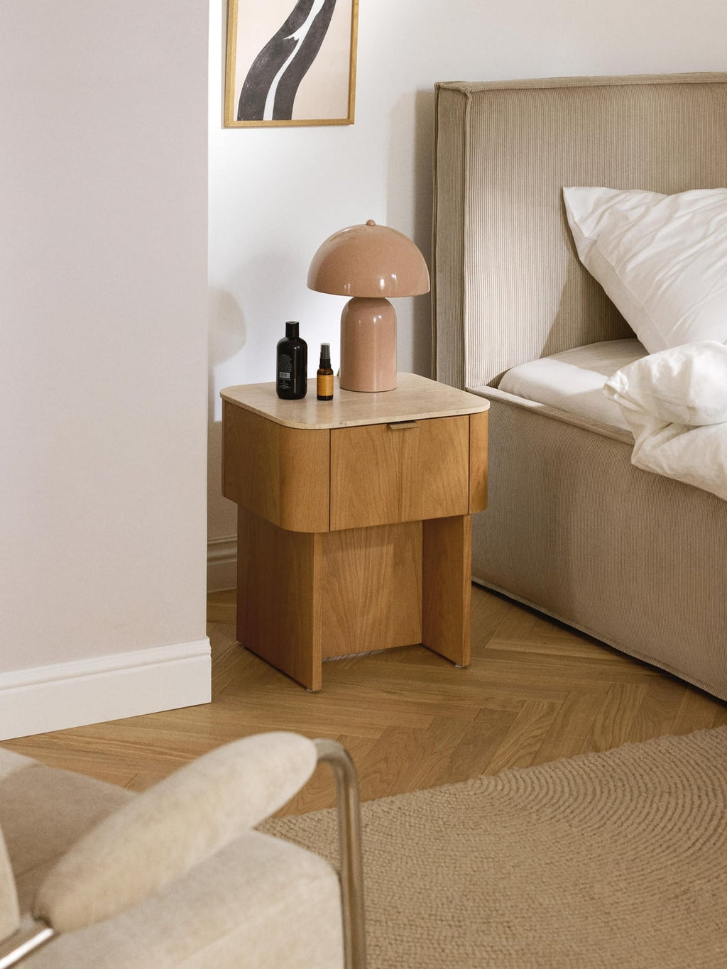 Saxby Wooden Bedside Table with Travertine Table Top