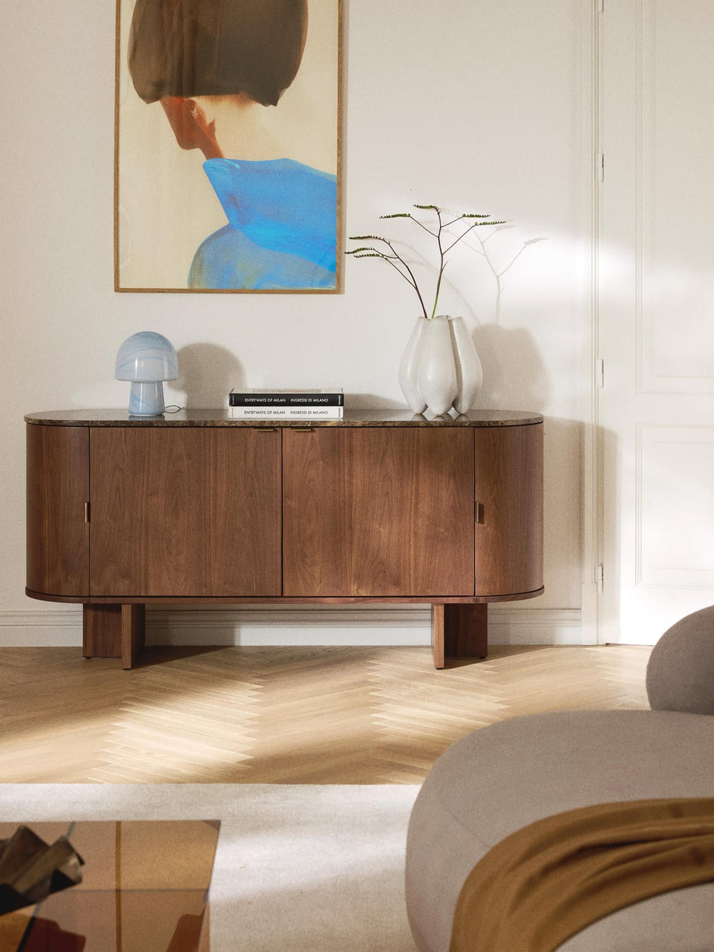 Saxby Wooden Sideboard with Rounded Corners and Marble Top